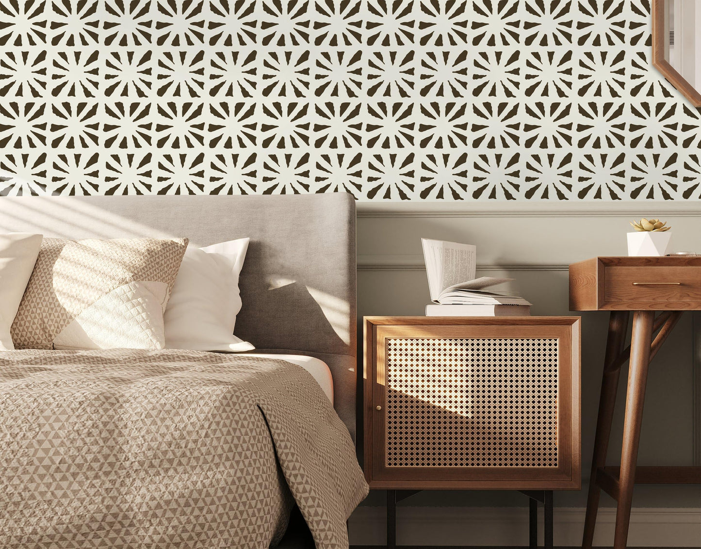 Fiula Peel and Stick Wallpaper Geometric Boho Contact Paper Black 78.7 "x17.3 Beige Self-Adhesive Wallpaper Vintage for Bedroom Waterproof Removable Shelf Liner Decal Vinyl Roll