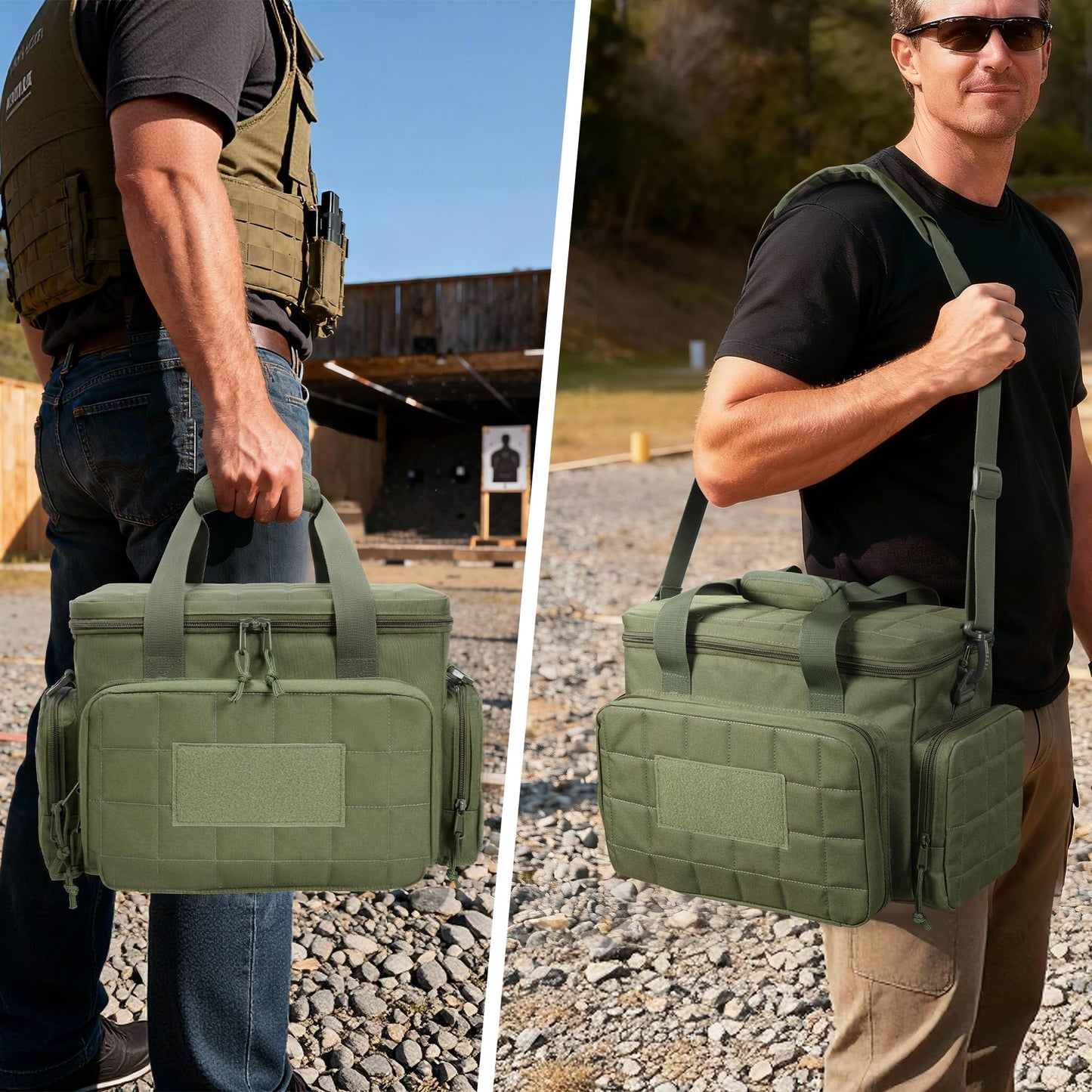 GOBUROS Gun Range Bags for 4 Handguns and Ammo, Tactical Soft Pistol Case with 6X Magazine Slots, Gun Carrying Bag for Shooting Gear Accessories with Shoulder Strap Quilted Padded Gun Duffle Bag Green