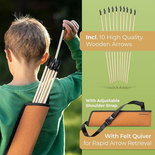BOWRILLA® Kids Wooden Bow and Arrow Set - 10 Arrows, Quiver, 3 Targets & Storage Bag | Indoor & Outdoor Fun for All