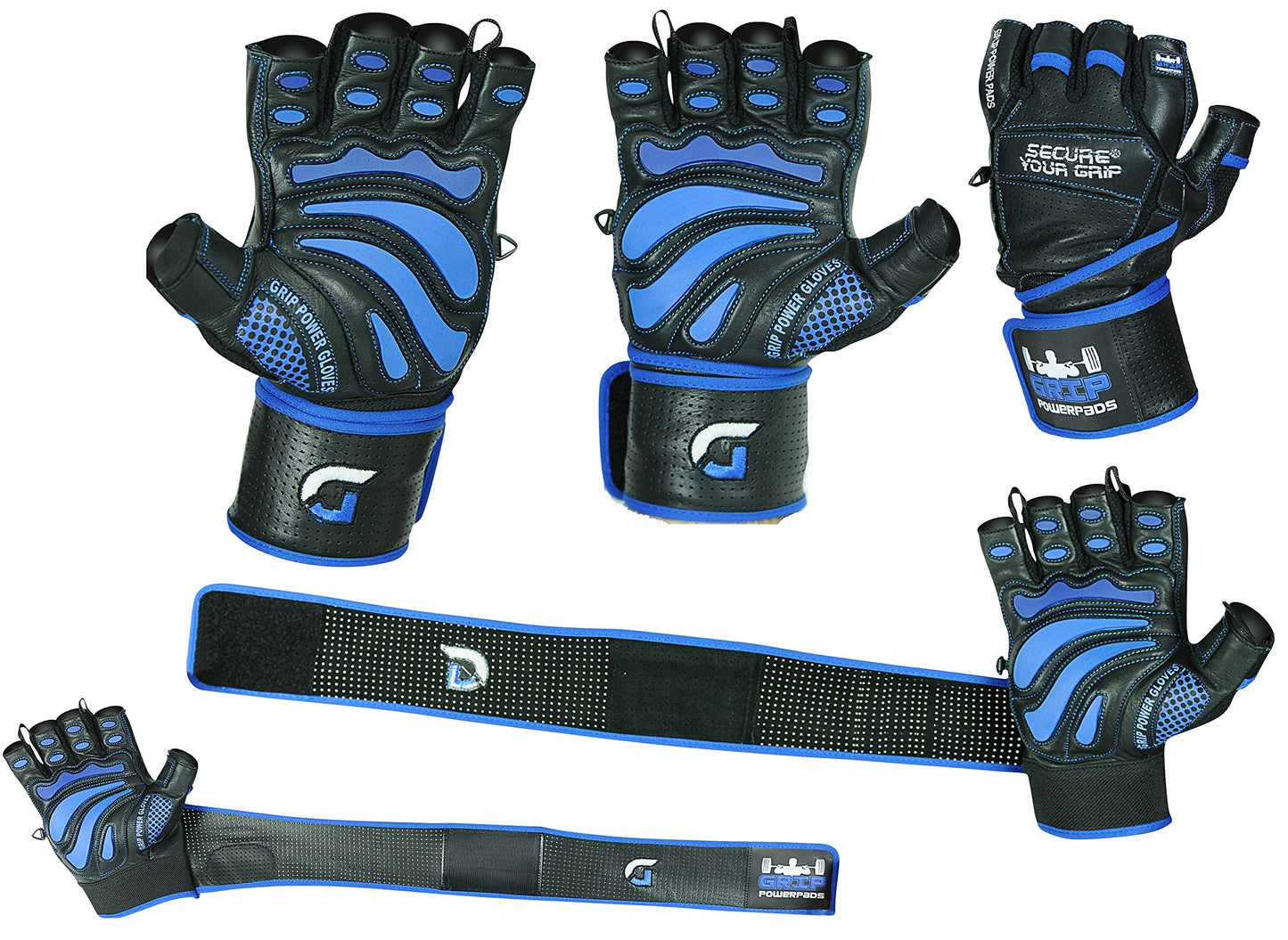 Elite Leather Gym Gloves with Built in 2" Wide Wrist Wraps Grip & Design for Weightlifting Power Lifting Bodybuilding & Strength Training Workout Exercises (Blue, Large)