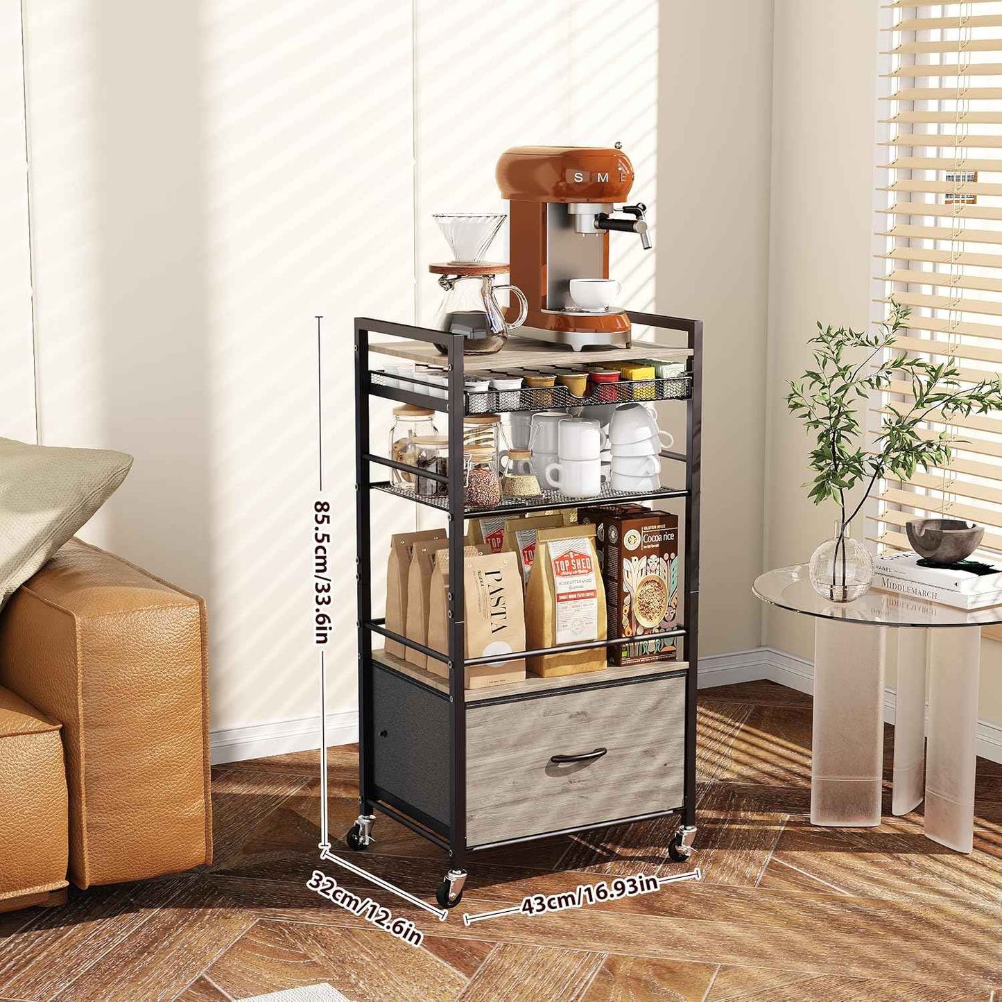 Modern White Coffee Bar Cabinet on Wheels - 5-Tier Storage Station with Drawer for Home Kitchen & Liquor Buffet
