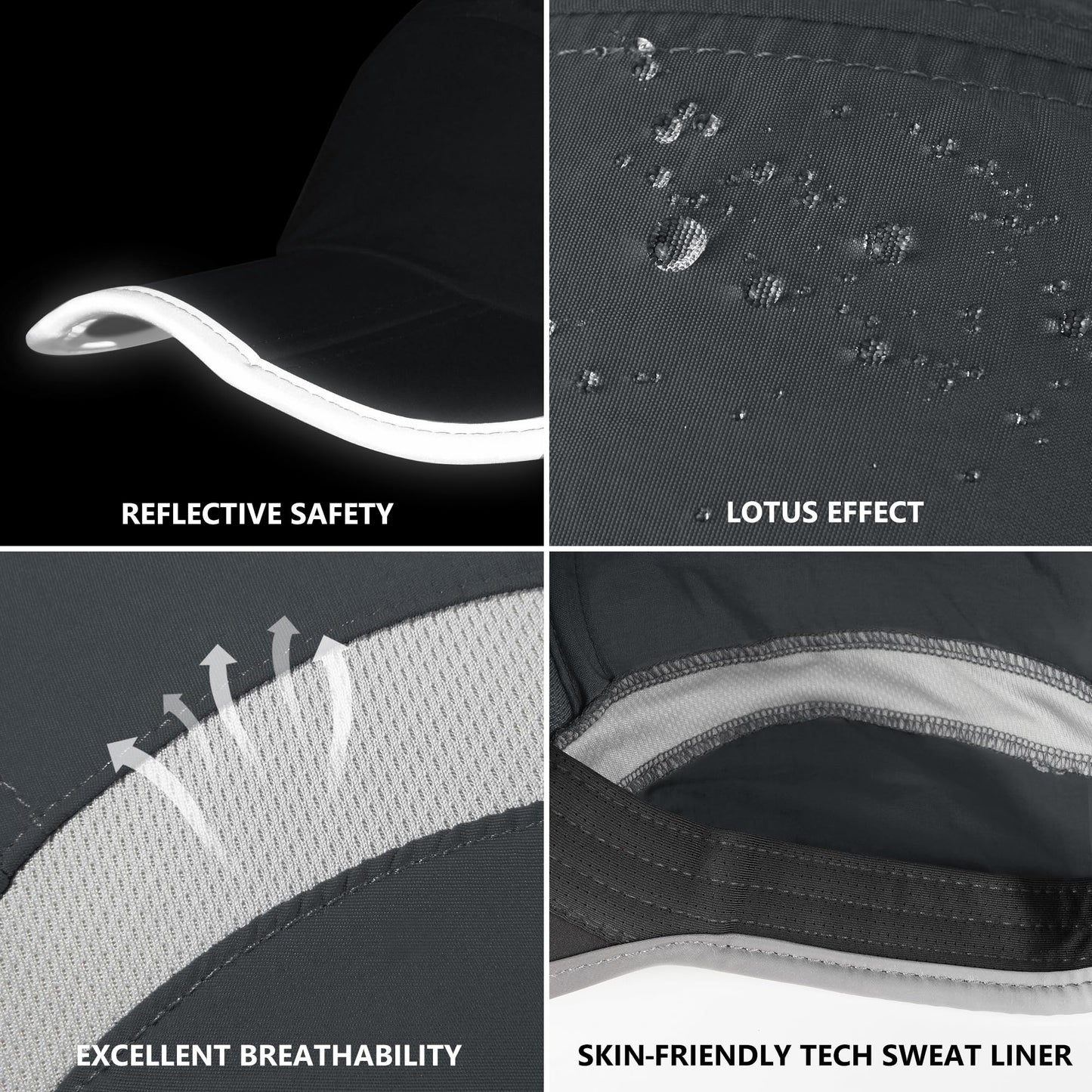 GADIEMKENSD Sport Hat 50+ UPF Inhibit UV Lightweight Baseball Cap Quick Drying Reflective Foldable Cap Water Repellency with Mesh Race Suitable for Men Woman Running Outdoor Activity Cap Dark Gray