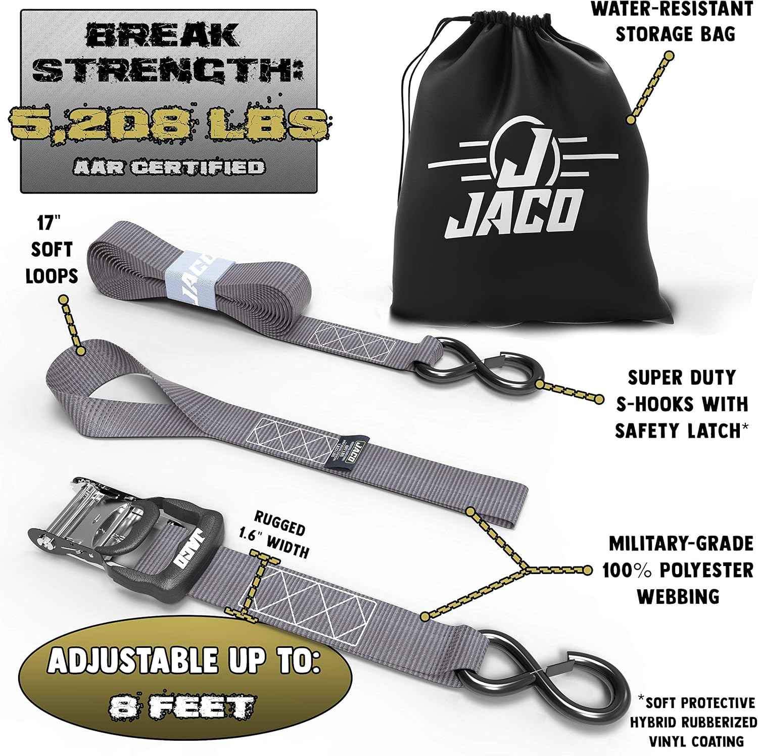 Heavy Duty Ratchet Straps 1.6" x 8ft (Pack of 4) - 5,208 lbs Tie Down Kit with Soft Loops