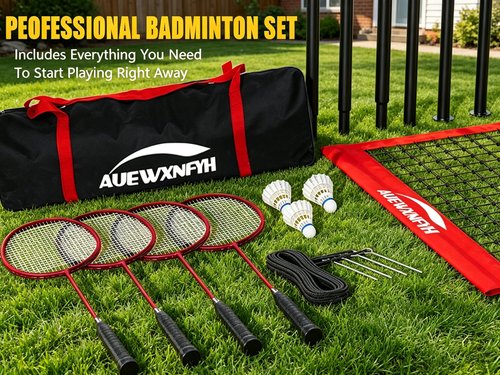 AUEWXNFYH Backyard Badminton Set: Portable Outdoor Net with 4 Performance Rackets, 3 Shuttlecocks & Boundary Line - Complete Heavy-Duty Set for Family Lawn, Grass & Beach Games
