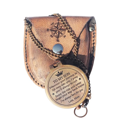 Brass Engrved Compass for Men, Pocket Compass with Leather Case, Antique Handmade Religious Gift Idea for Graduation, Communion, Baptism (to My Son, Love Mom)