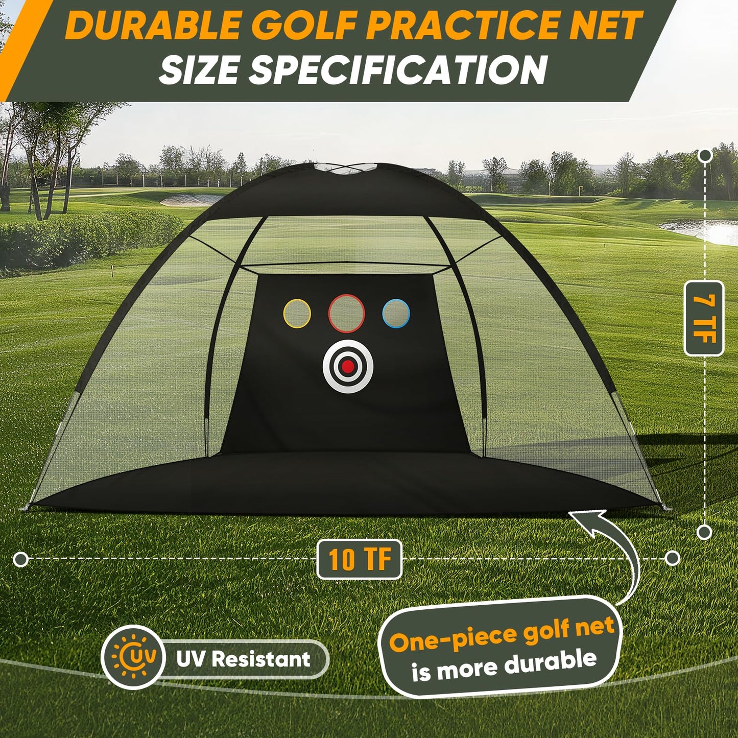 10x7Ft Golf Practice Net, Golf Net for Backyard Driving Real GolfBalls, All in 1 Golf Hitting Nets with Tri-Turf Mat, Impact Target, 10 Balls, 7 Tees, 2 Rubber Tees, Carry Bag