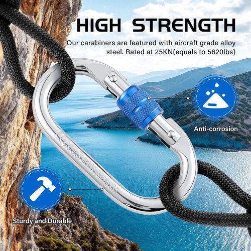 Hopeseily Heavy Duty Climbing Carabiner, Rated 25kN(5620lbs), Screw Locking Carabiner Clip, Oval Shape Carabiner for Rappelling, Hammocks, Aerial Work, Rigging, Rescue, Arborist(4pack, Blue)