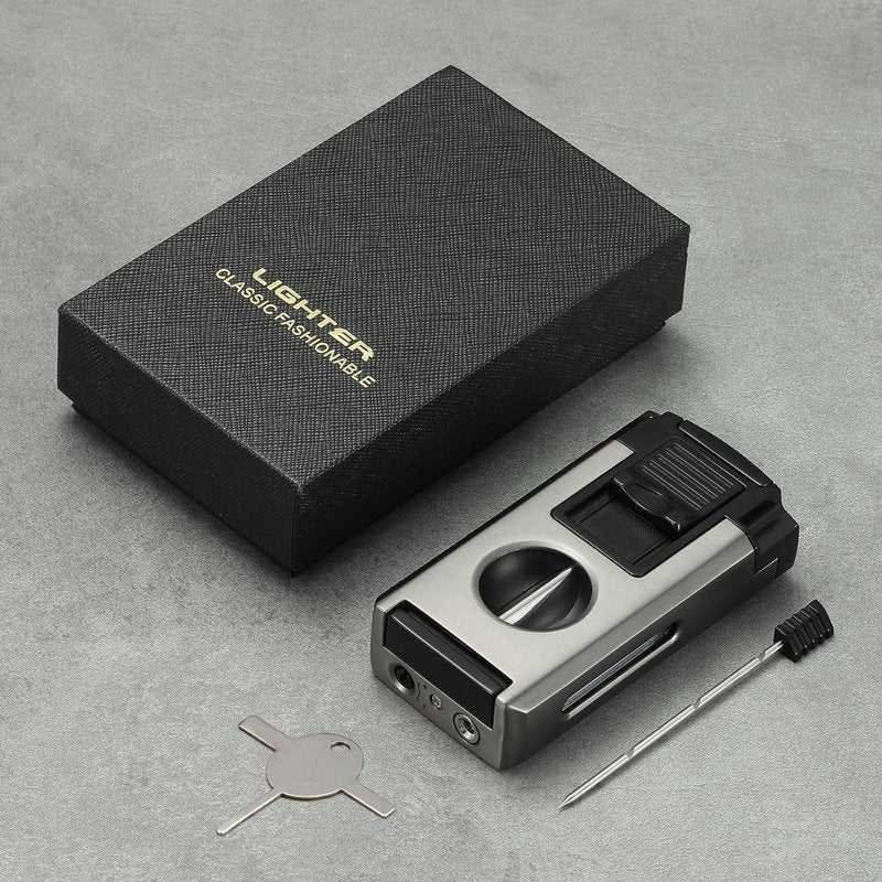 All in One Jet Flame Butane Torch Lighter Built-in Cutter V Cut, Punch, Holder Function, Draw Enhancer Tool, Refillable and Adjustable Windproof Gas Lighter, Black and Grey (Sold Without Gas)