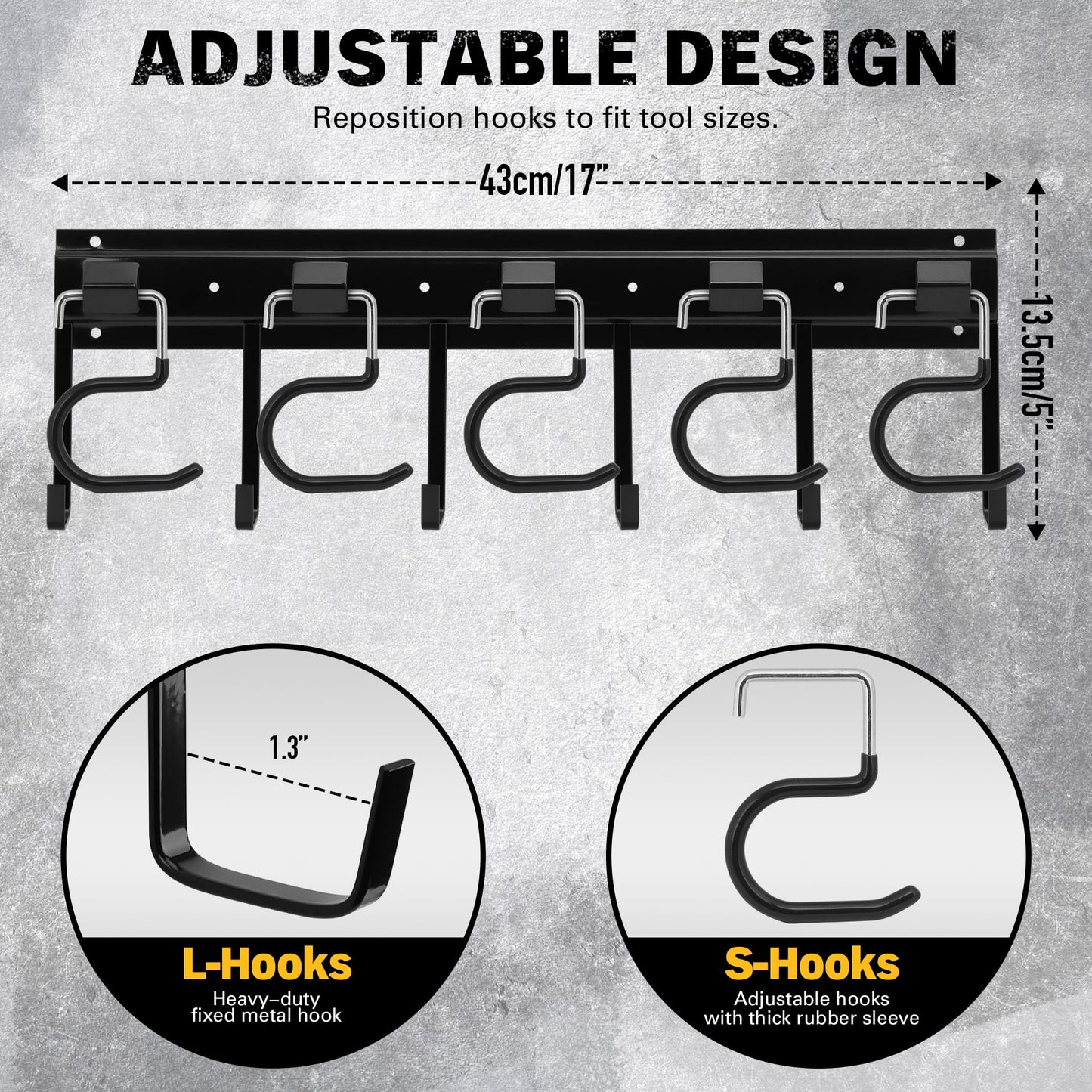 ELEAD 68'' All Metal Adjustable Garden Tool Organizer: Garage Tool Organizer Wall Mount with Black Hooks, Garage Organizers and Storage, Tool Hangers for Shed