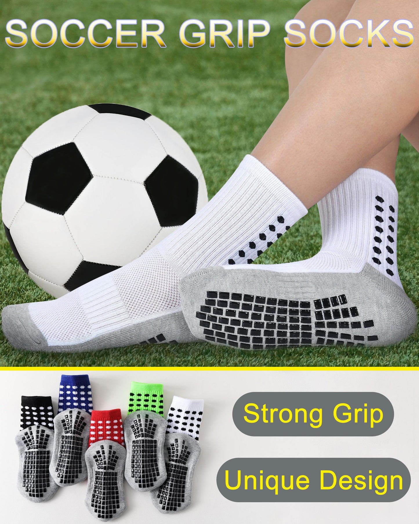 Kids Grip Socks Soccer Boys Football Non Slip Socks Girls Cushioned Running Athletic Crew Grip Sock 10-12 Years Kids Youth 6 Pairs(3Black+3White, L)
