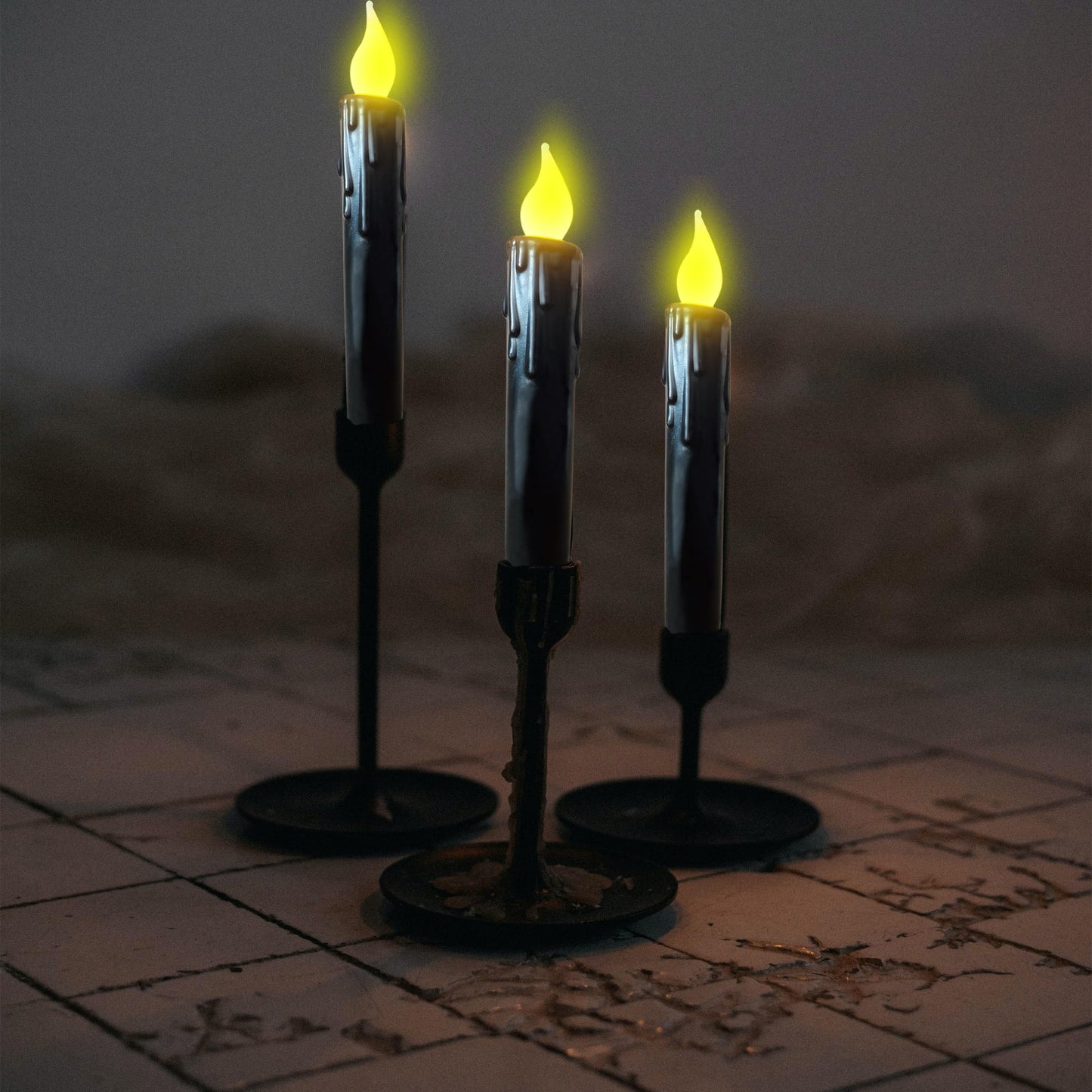 LINCOUNTRY.Primitive Wax Black Flameless Taper Candles Flickering Led Dripped Battery Operated Taper Candles with Timer,6.75 Inch 3D Wick, Christmas Home Halloween Fireplace Decor