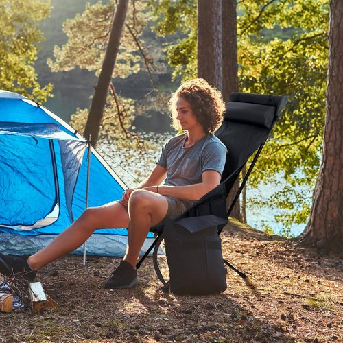 Hikero High Back Camping Chair for Adults, Folding Chair Supports 440 lbs, Lightweight Portable Backpacking Chair with Adjustable Pillow for Hiking & Camping (Black)