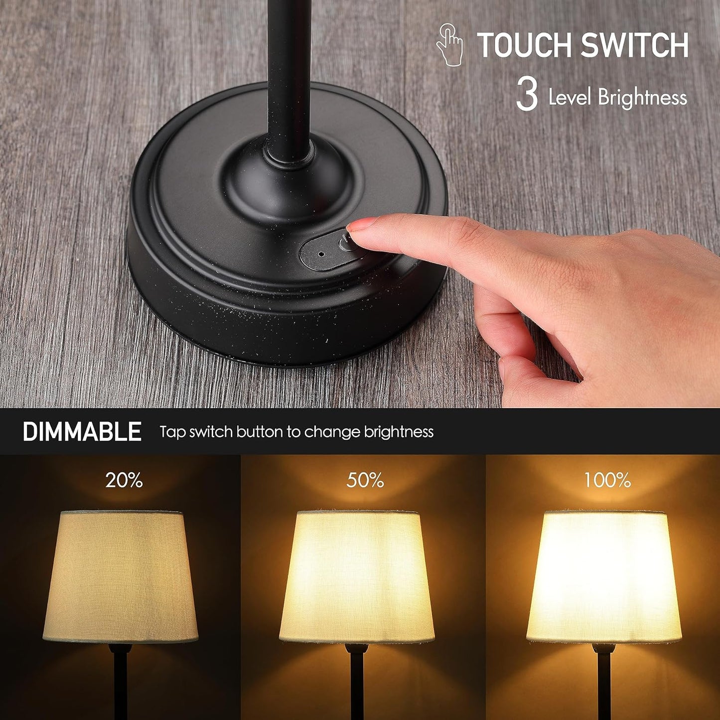 Cordless LED Table Lamp with Dimmer - O’Bright Seraph, Rechargeable Battery, 3-Level Brightness, Perfect for Patio & Bedside
