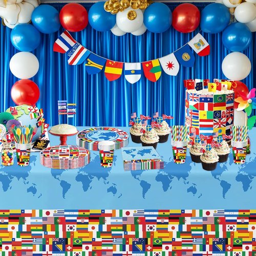 APOWBLS International World Flags Tableware Set - Olympic Party Supplies for 24 Guests | Plates, Cups, Napkins, Cutlery, Tablecloth
