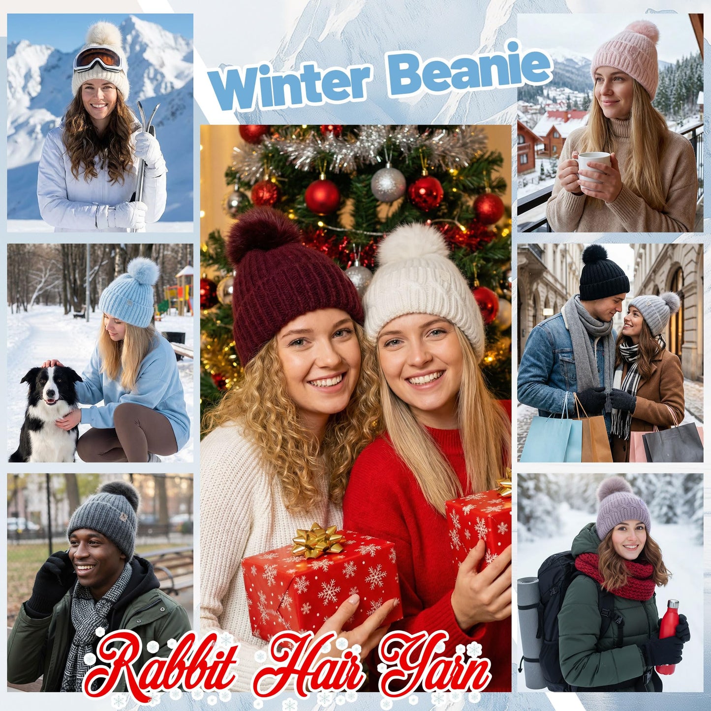 Ababalaya 100% Real Angora Rabbit Hair Knit Beanie with Real Fox Hair Pom Pom, Warm Winter Chunky Hat, Double Cuffed Cap Soft Fuzzy Knitted Skull Beanies,White