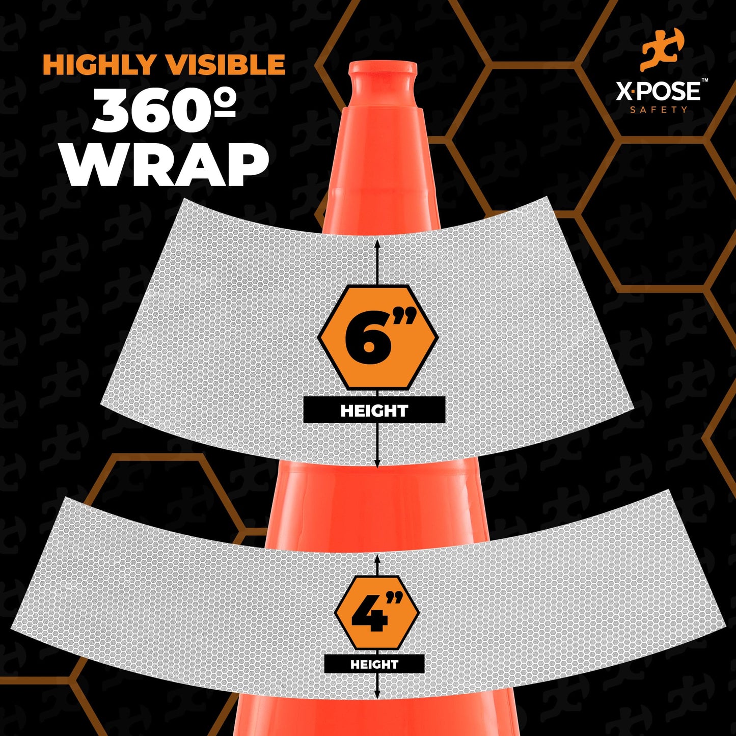 White+Hip Reflector Tape Cone Collar Set for Orange Traffic Cones - 20 Pack - 4 Inch and 6 Inch Collars for Wide Body Safety Cones 36 Inch Height – High Visibility Reflective Tape Stickers