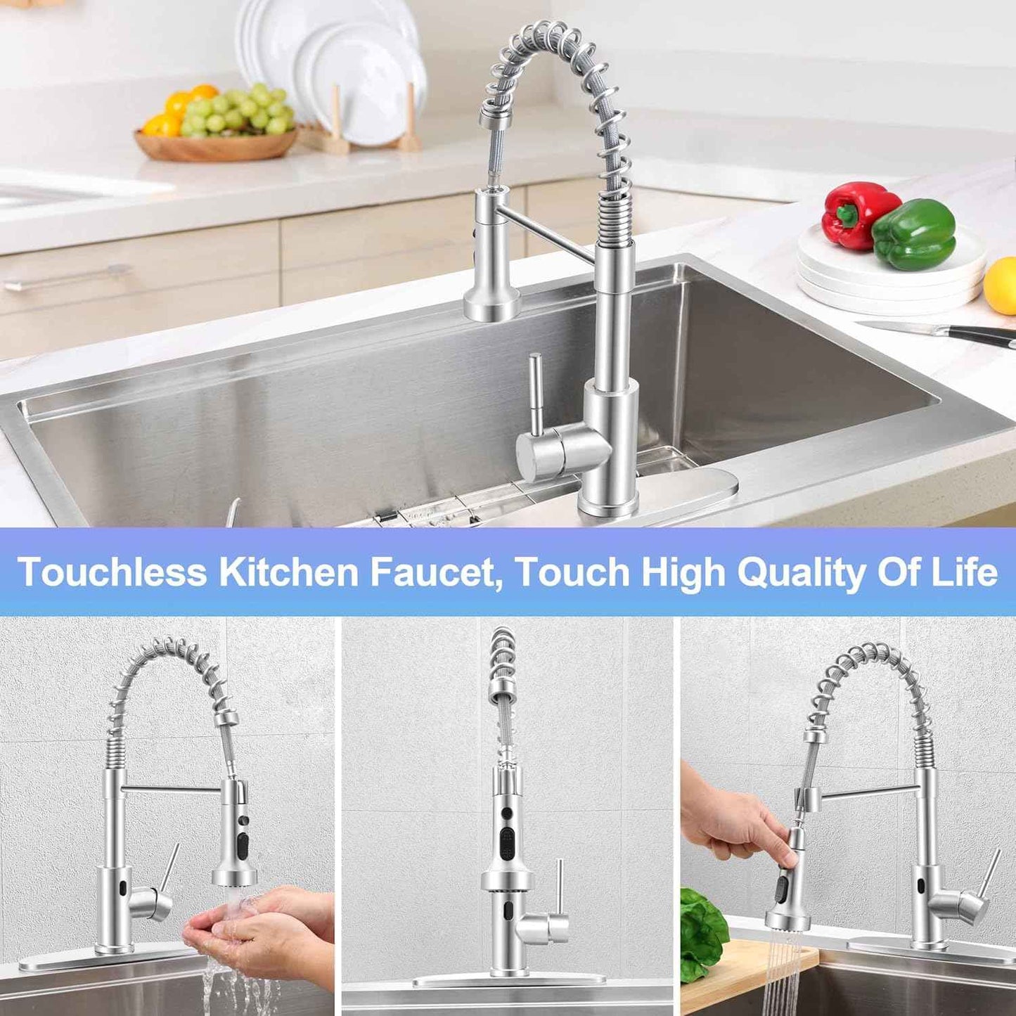 Touchless Kitchen Faucet with Soap Dispenser & Pull Down Sprayer - Commercial Grade Brushed Nickel