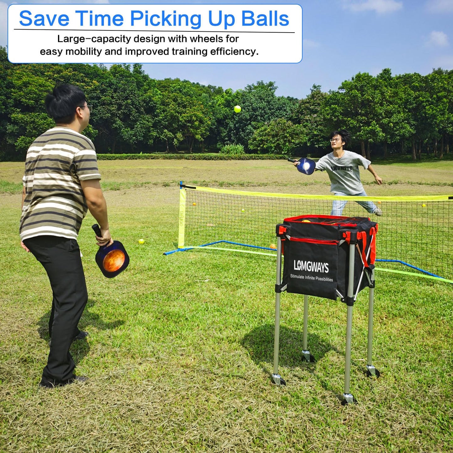 LOMGWAYS Pickleball Tennis Ball Hopper-Foldable Lightweight Tennis Ball Cart Holds 180 Tennis with Removable Bag,Wheel,Side Pocket for Training/Teaching, for Tennis/Pickleball/Baseball/Softball