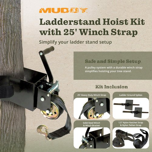 Muddy Hunting Ladderstand Tree Stand Installation Hoist Kit with 25 Foot Heavy Duty Winch Strap, Solid Steel Winch, and Pully System