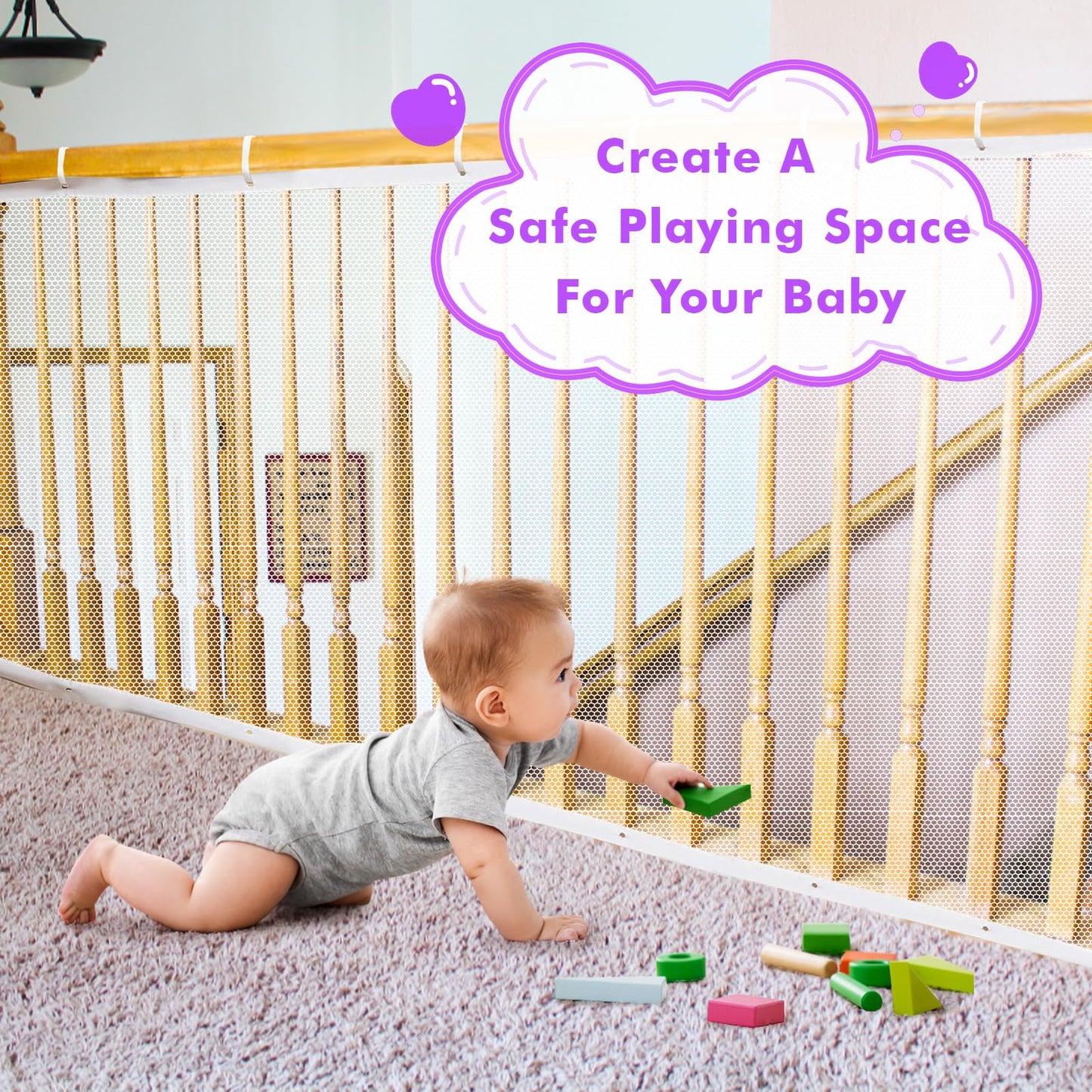 tupi Banister Guard for Baby - 10ft Lx 3ft H, Premium Balcony Netting for Pets, Child Safety Net, Stair Railing Proof Mesh for Kids, Toys, Pets - White