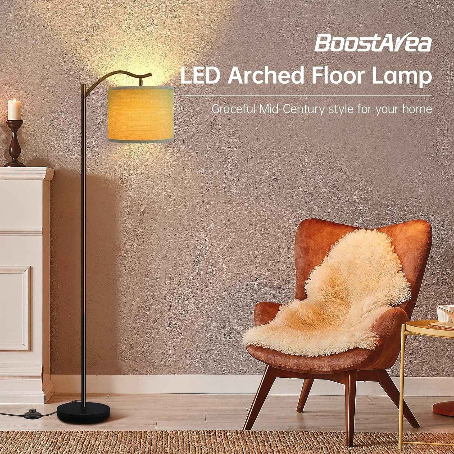 Modern LED Floor Lamp with Bohemian Linen Shade – Arched Tall Standing Light for Living Room & Bedroom