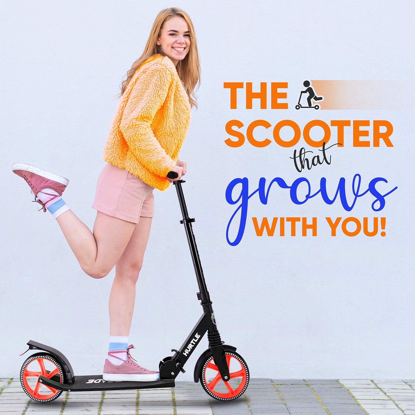 Hurtle Two Wheel Scooter for Teens, Smooth Gliding Kick Scooter for Adults w/ Adjustable Height for Ages 8+, Portable All Terrain Scooter w/ Carry Straps, Easy to Fold