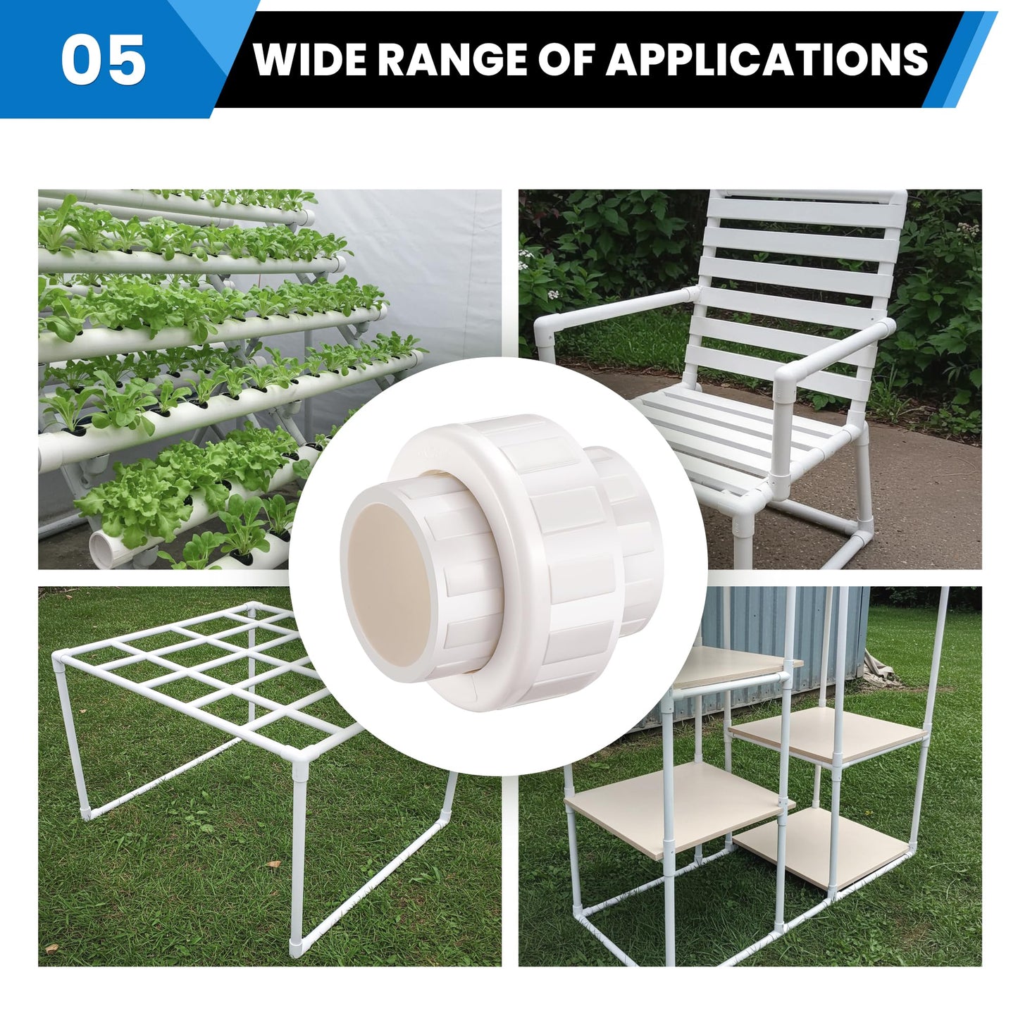 3/4“ Union Coupling Pipe Fitting (Socket x Socket), 4 Pcs Schedule 40 Heavy Duty Union Coupling Pipe Fitting for DIY PVC Creations.