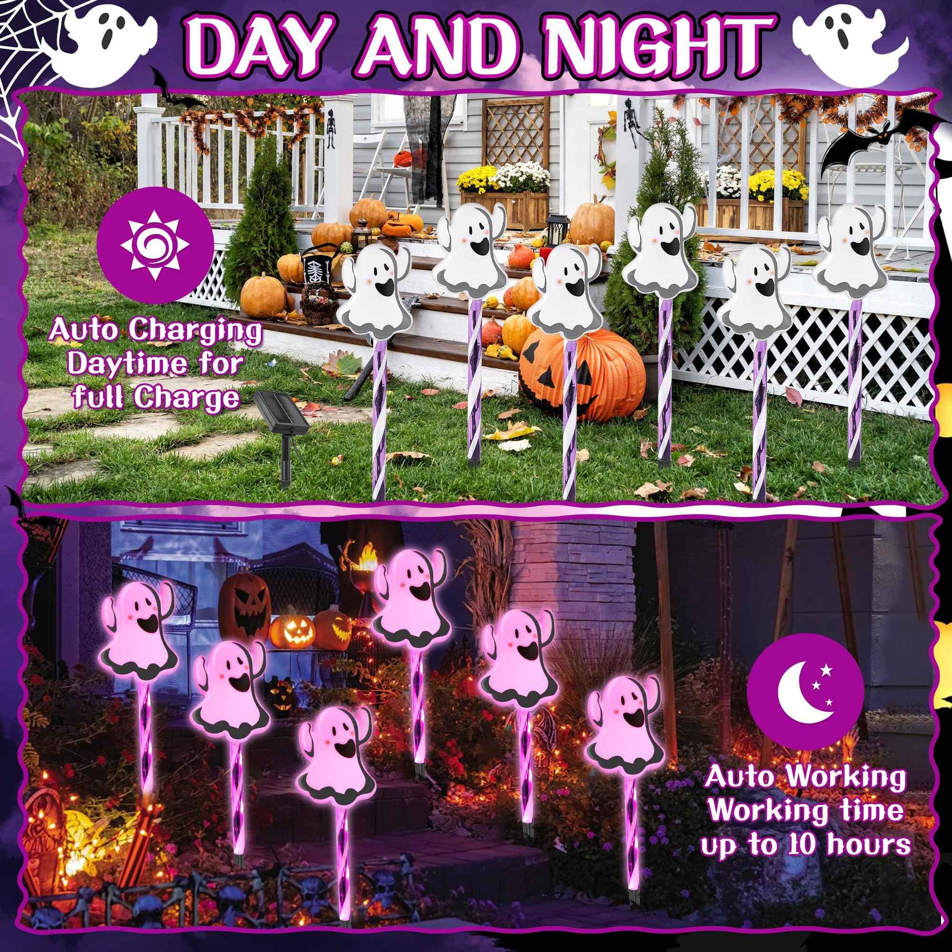 6 in 1 Halloween Ghost Pathway Light, 6 Pack Ghost Stake Lights with Pink LED, Waterproof Outdoor Decoration Ghosts Pathway Marker Lights for Lawn Walkway Yard Garden Party Decor