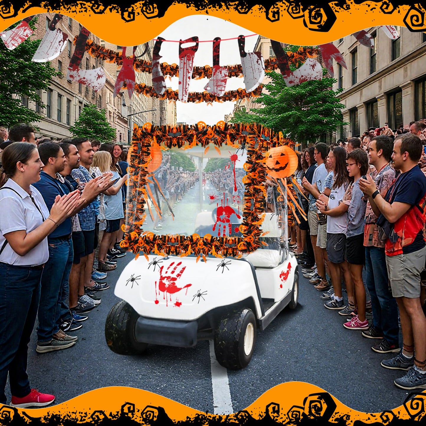 Suncalla Halloween Golf Cart Decorations Halloween Themed Car Decoration Kit Blood Knife Banner Pumpkin Lanterns Witch Hat Bloody Handprint Footprint Stickers for Golf Cart Party Supplies Decor