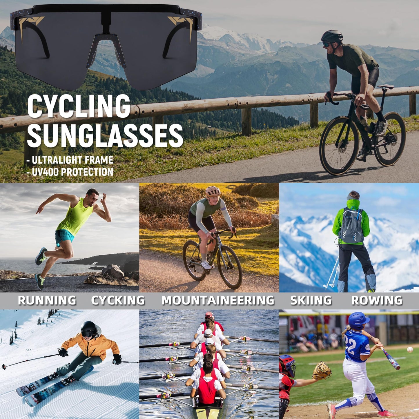 AAROX Sports Sunglasses Men-Women, Vipers Sunglasses for Mens Anti-UV Youth Baseball Softball Glasses Ages 12 & Up (PA-01)