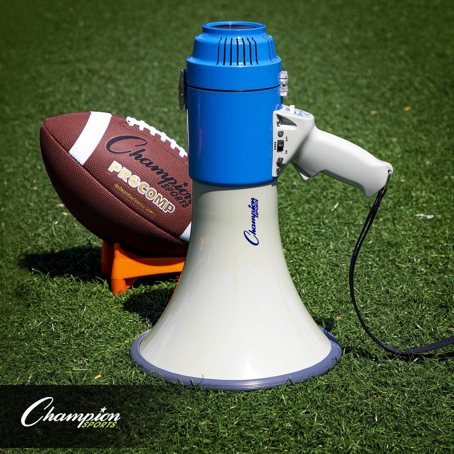 Champion Sports Megaphone with Siren,Wrist Strap,1200 Yard Range-Powerful Bullhorn Loudspeaker with Adjustable Volume Control for Sport Events,Crowd Control,12 watts(white&blue),1 Size,MP12W