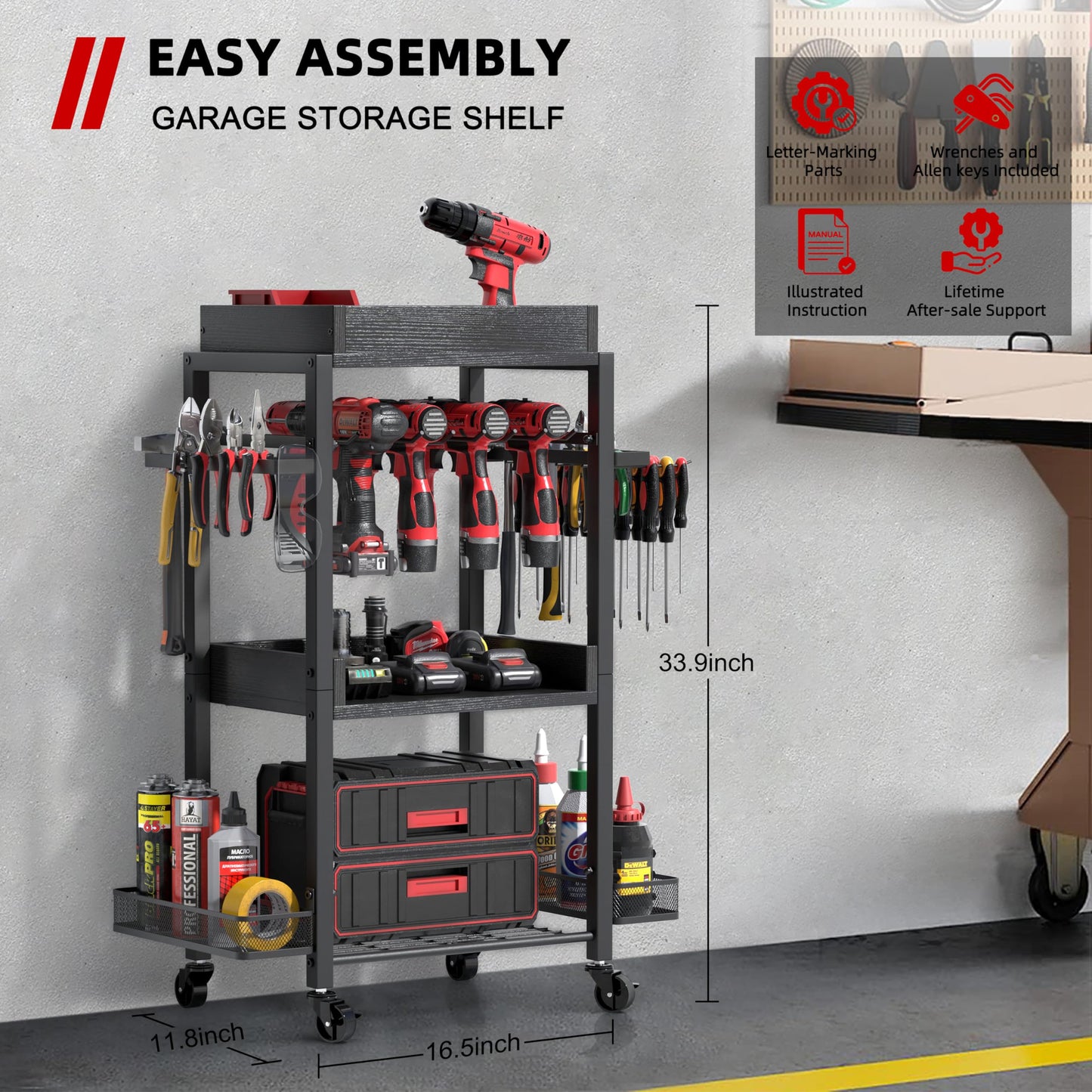 DEWALT Power Tool Organizer - Garage Storage Shelving with Rolling Cart & Open Tool Chest Cabinet Box Organizer with Wheels - Workshop & Gift Ideas for Men, Dad