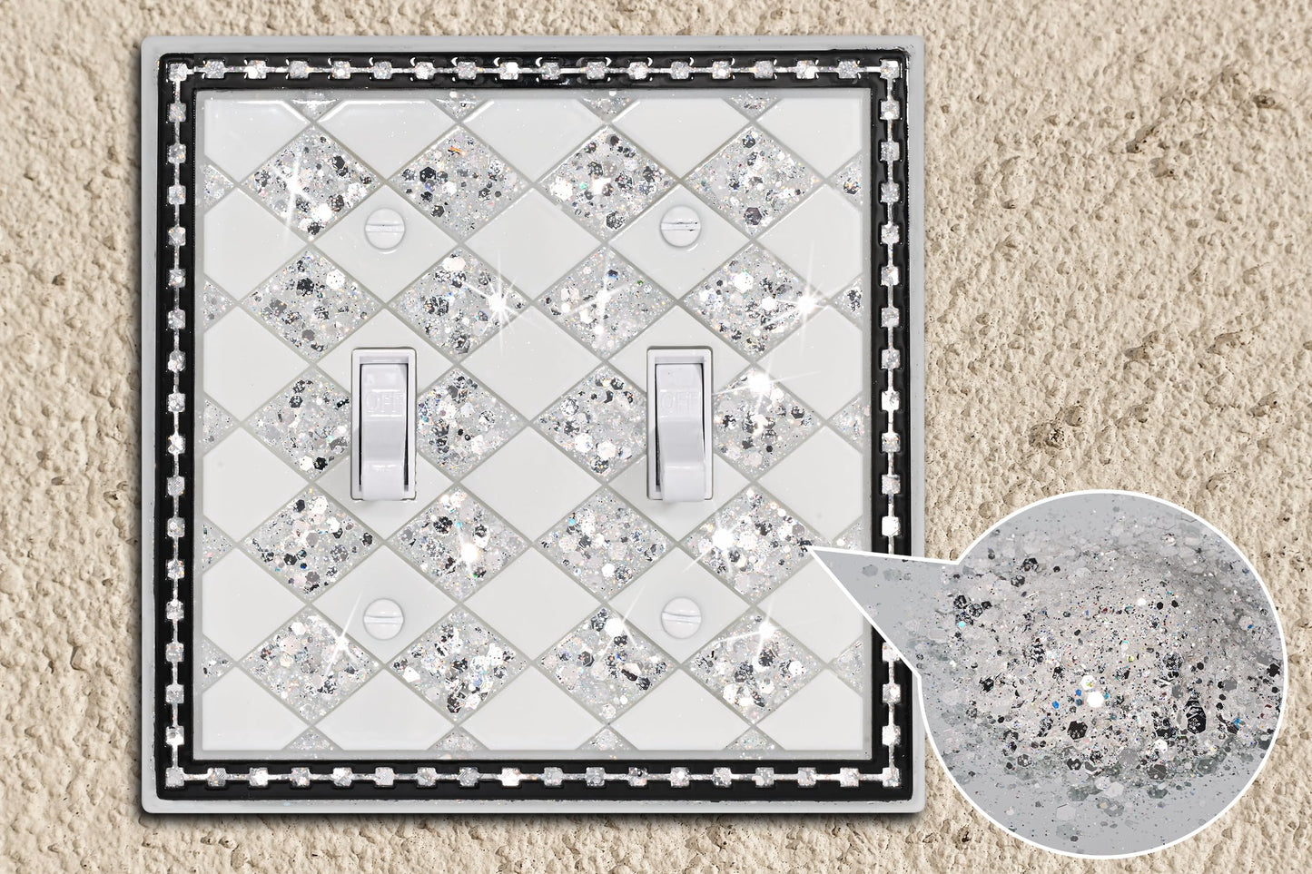 YNQIZKI Light Switch Cover Plate,Silver Sparkle 2 Gang Wall Plate,Bling Switch Plate Covers,Double Toggle Midsize 4.9''x4.8''