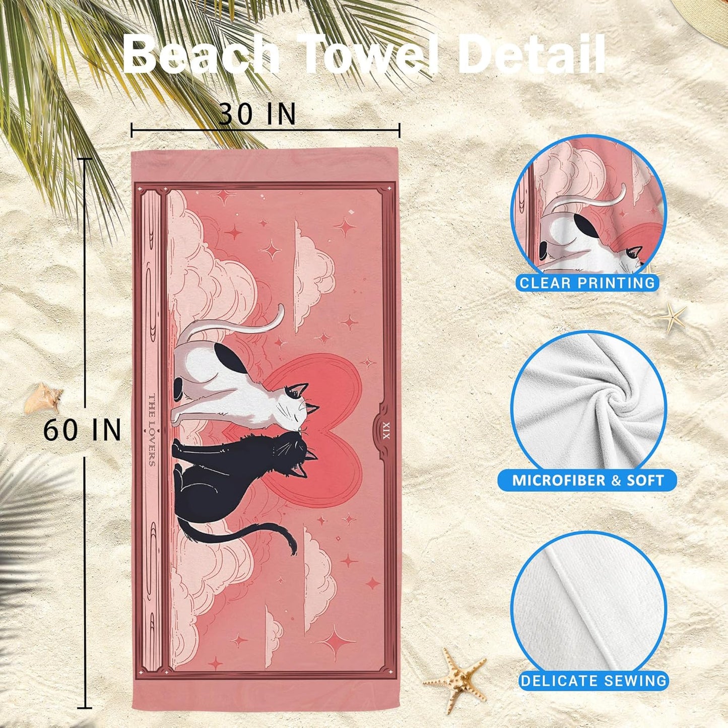 Skiennix Pink Cat Beach Towel - Oversized Quick Dry Towel for Valentine’s Day | 30x60in Travel Gift