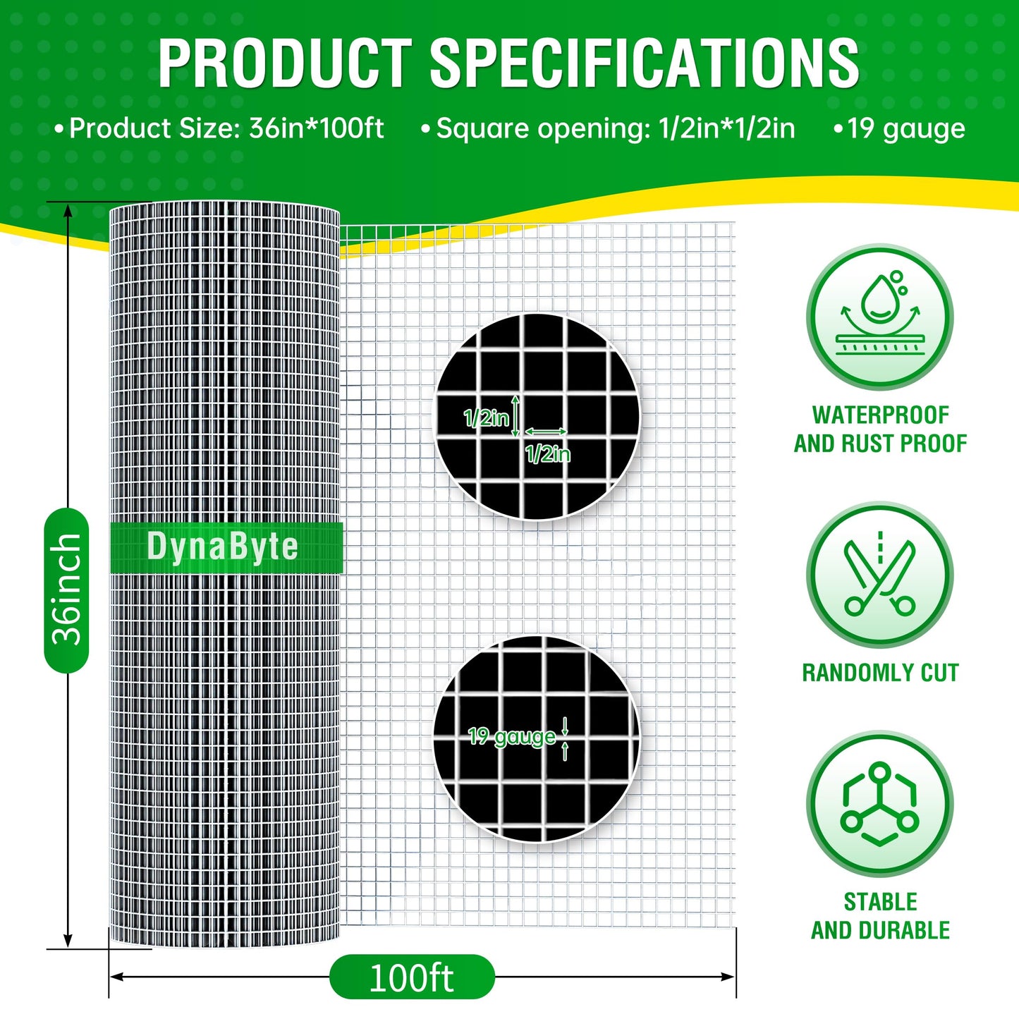 Dynabyte Hardware Cloth 1/2 inch 36 x 100 ft 19 Gauge Galvanized Welding WeldedChicken Wire Mesh Roll, Chicken Coops, Rabbit Hutches, Tree Guard, Garden Wire Fencing