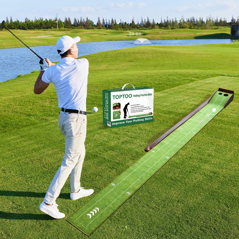 Toptoo Golf Putting Mat with Ball Return, Practice Golf Putting Green Training Aid for Indoor, Outdoor at Home, Office, Backyard with Putter and 5 Balls 9.84 ft