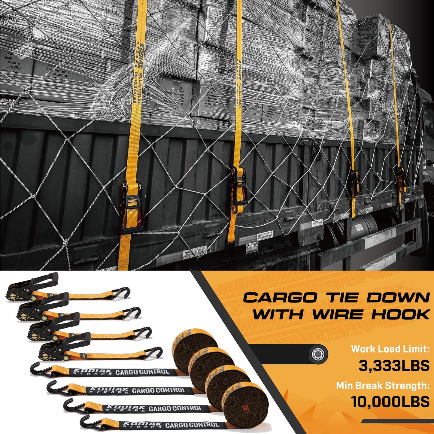 4 Pack Heavy Duty 2" x 27' Ratchet Tie Down Straps with Wired J Hooks - 10,000 LBS Break Strength for Truck & Trailer Cargo Control KODIAK STRAPS