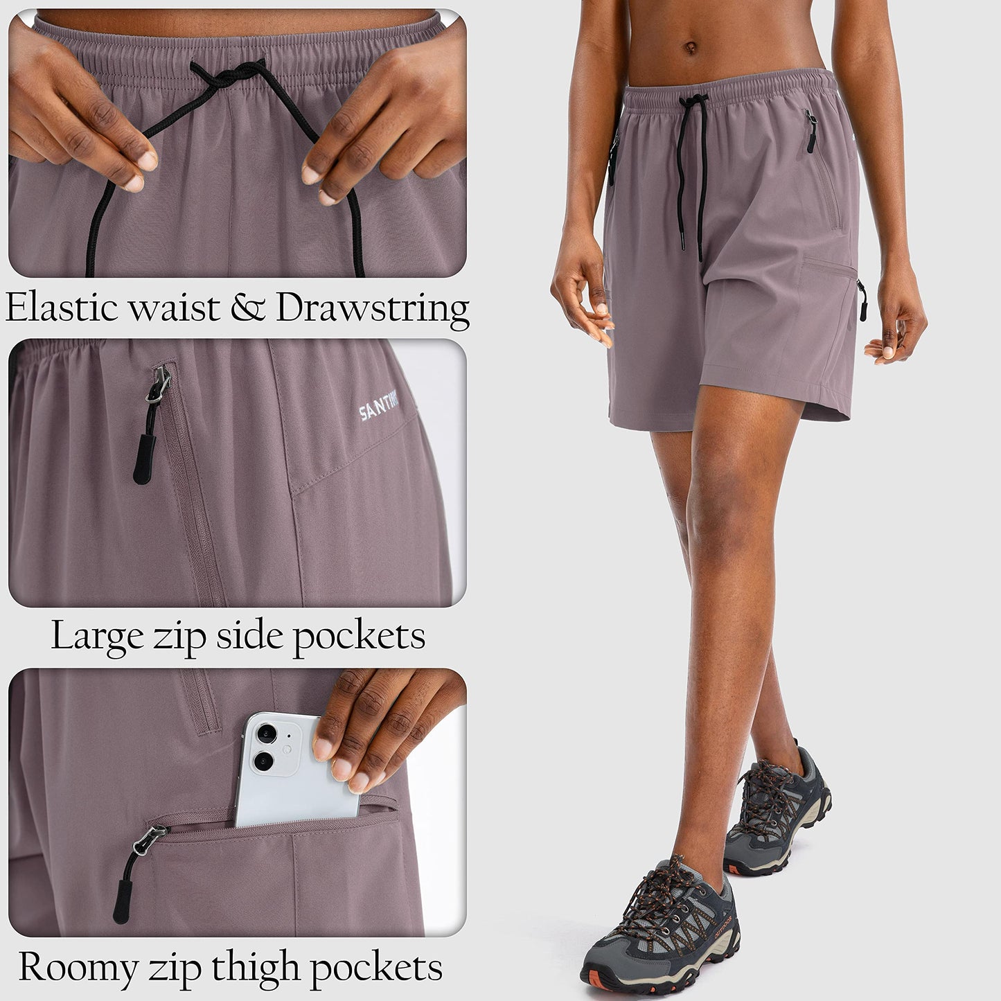 SANTINY Women's 5''/ 7''/9'' Hiking Cargo Shorts Quick Dry Lightweight Summer Shorts for Women Athletic Golf Zipper Pockets(Dusty Purple_3XL)