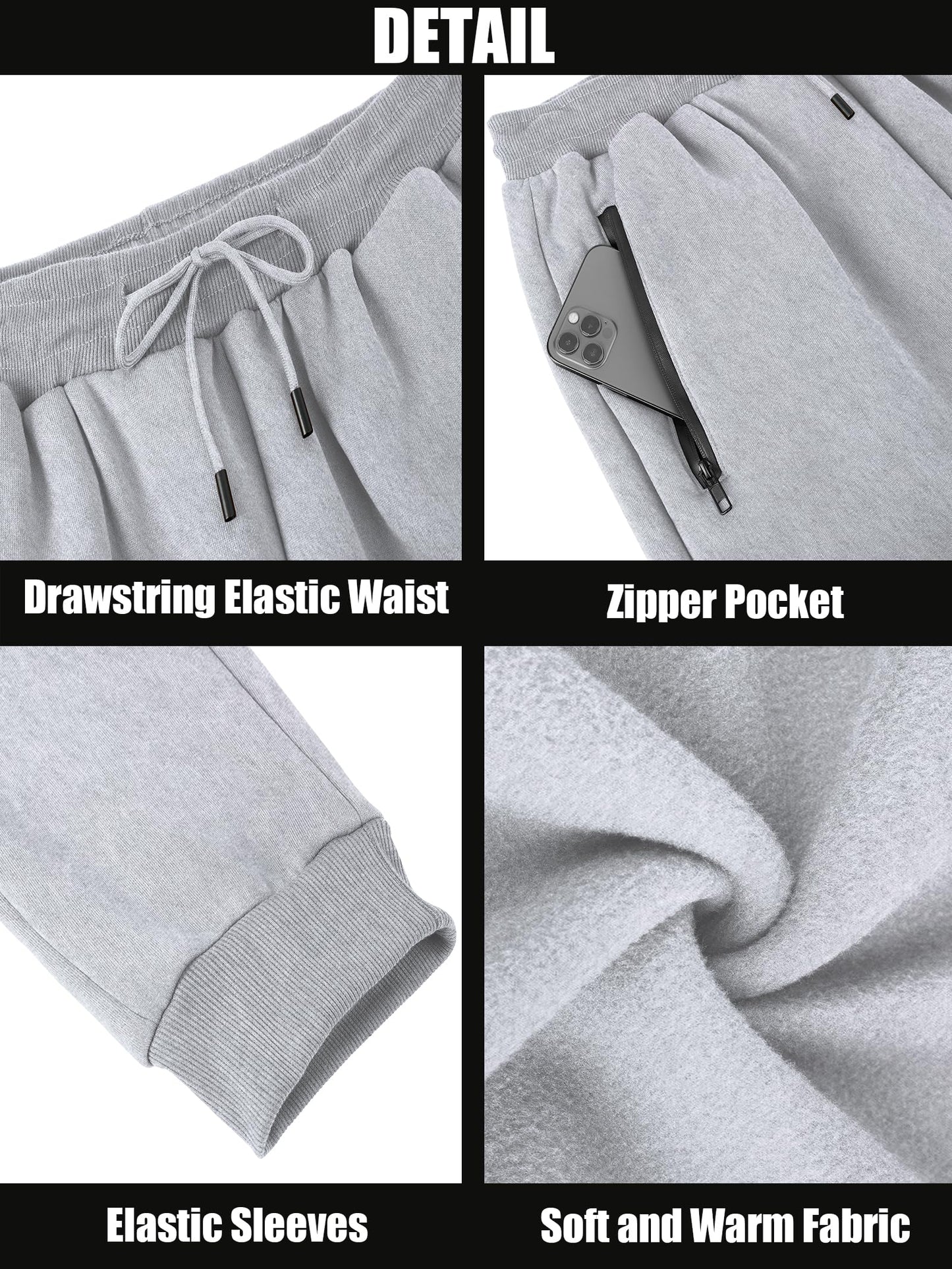 Menoio Mens Sweatpants with Zipper Pockets Workout Fleece Athletic Pants Casual Drawstring Jogger Pants Grey