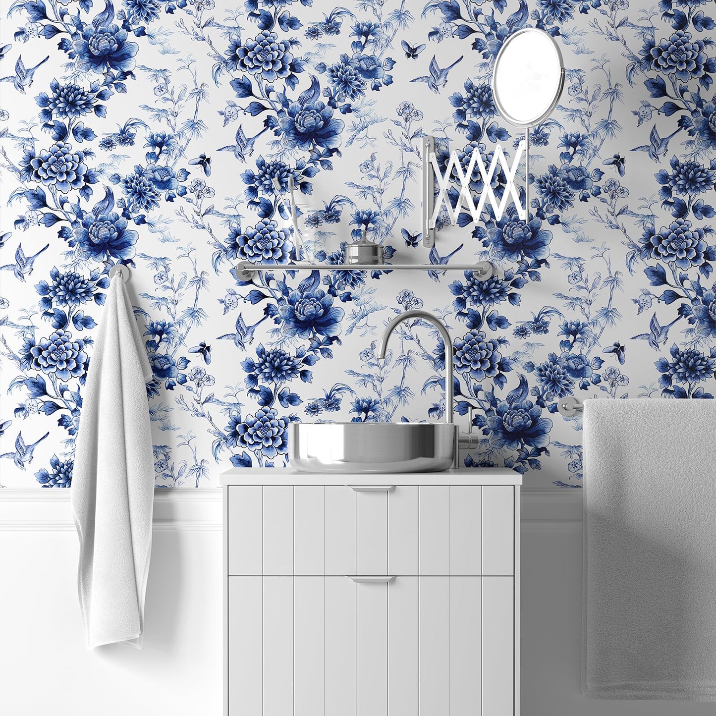 RUSPEPA Peel and Stick Wallpaper - Blue Flower White Design Self Adhesive Removable Wallpaper Decorative Waterproof Contact Paper for Cabinets, Walls - 17.3 Inch x 6.5 Feet