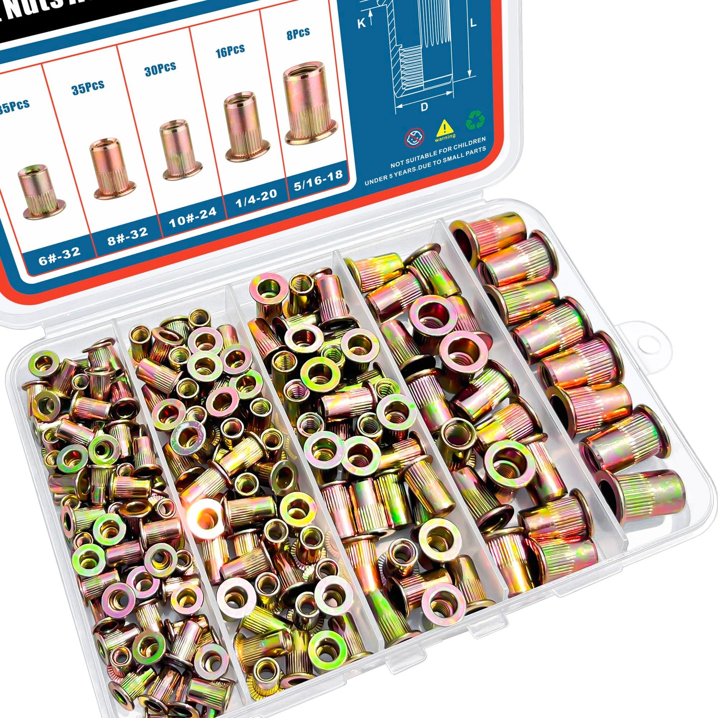 Ktehloy 124Pcs SAE UNC Rivet Nut Assortment Kit, Zinc Plated Carbon Steel Rivnut Threaded Inserts Assortment Set Nutserts, Sizes 6-32 8-32 10-24 1/4"-20 5/16"-18