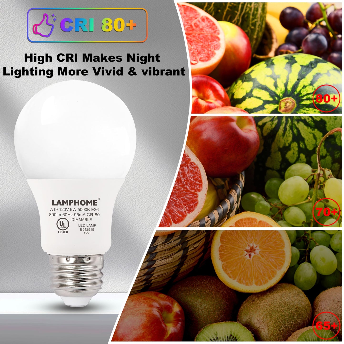 LAMPHOME 4-Pack Daylight White LED Bulbs - Brighten Your Bedroom & Living Room, 60W Equivalent, 5000K, 9W, 15000-Hour Life, E26 Base