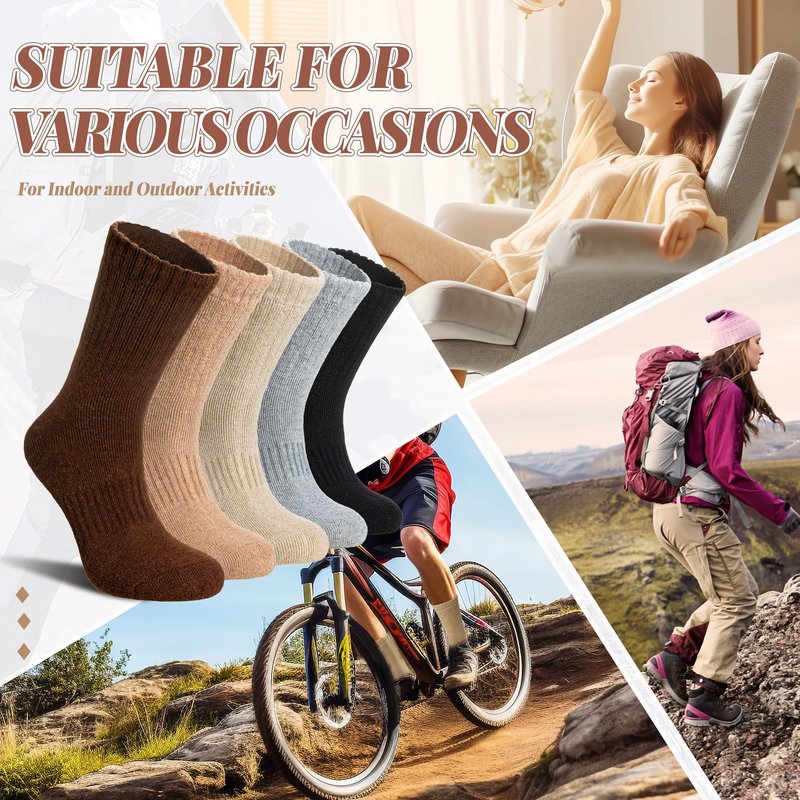 SeeyAN Merino Wool Socks For Women Hiking Winter Boot Thermal Warm Thick Cozy Work Crew Socks 5 Pairs (Brown/Khaki/Grey/Black)