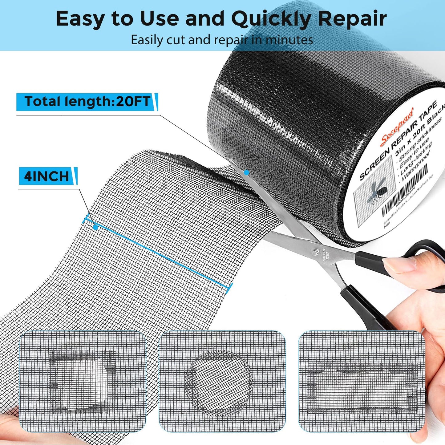 Secopad Black Window Screen Repair Tape, 3IN x 20FT (240IN) Screen Repair Kit for Windows or Doors, Strong Adhesive Fiberglass Mesh Patch Tape