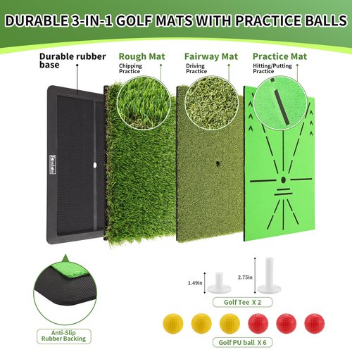 Golf Hitting Mat – Portable Golf Pratice Mat with Longer Swing Path Trajectory, 3-in-1 Includes Fairway, Rough & Putting Pad Training Mats on No-Slip Rubber Base,Simulator Must Haves, Gift for Golfers