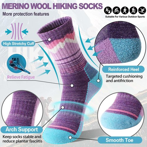 Sandsuced Womens Merino Wool Hiking Socks Thermal Winter Warm Cozy Outdoor Crew Socks 5 Pairs Gift Stocking Stuffers(Purple/Blue/Dark Blue/Rose Pink/Light Blue,M)