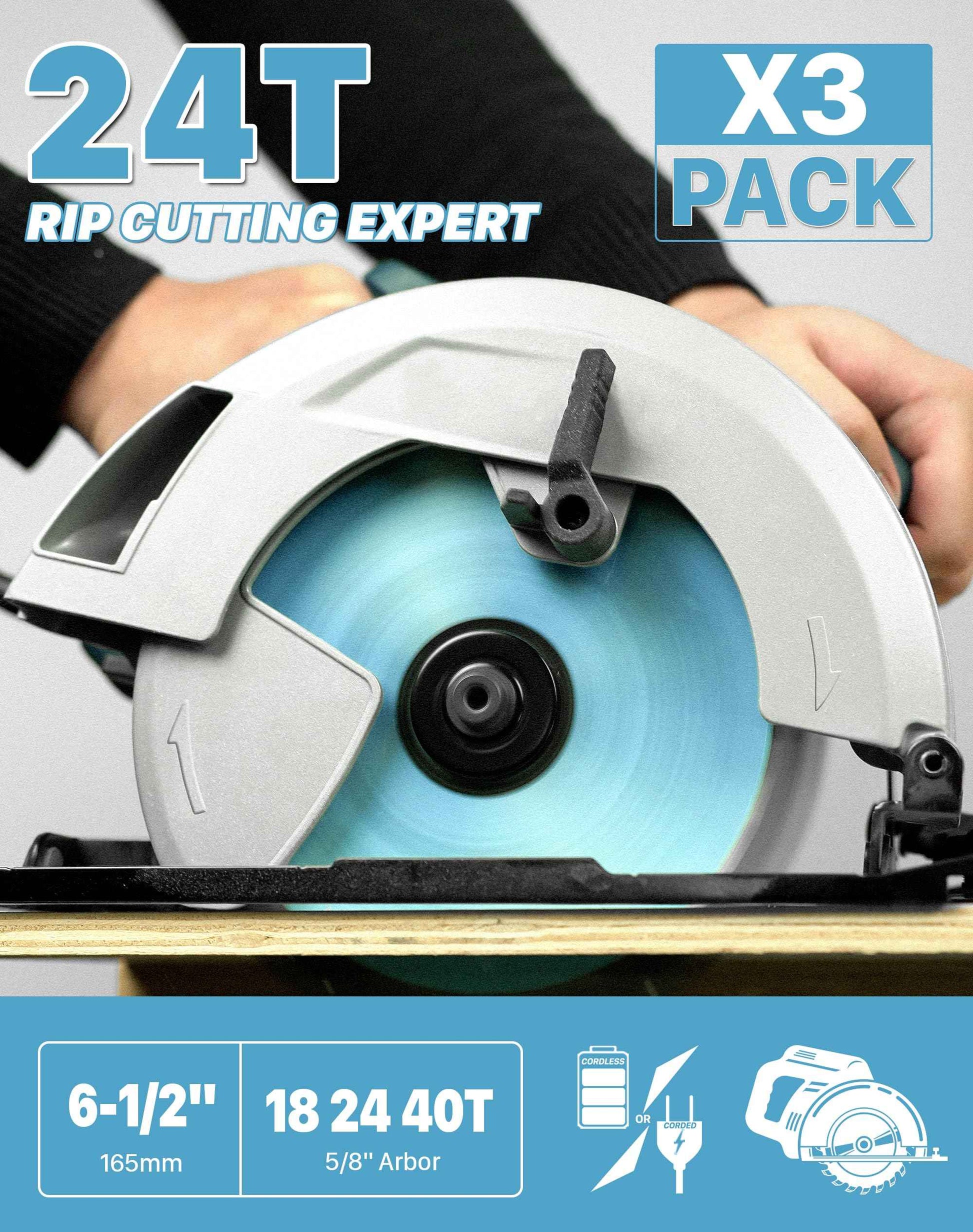 KEENTECH 6-1/2 Inch Woodworking Circular Saw Blade 18T / 24T / 40T 3-Pack, Tungsten Carbide Tipped, ATAF Grind, 5/8 Inch Bore