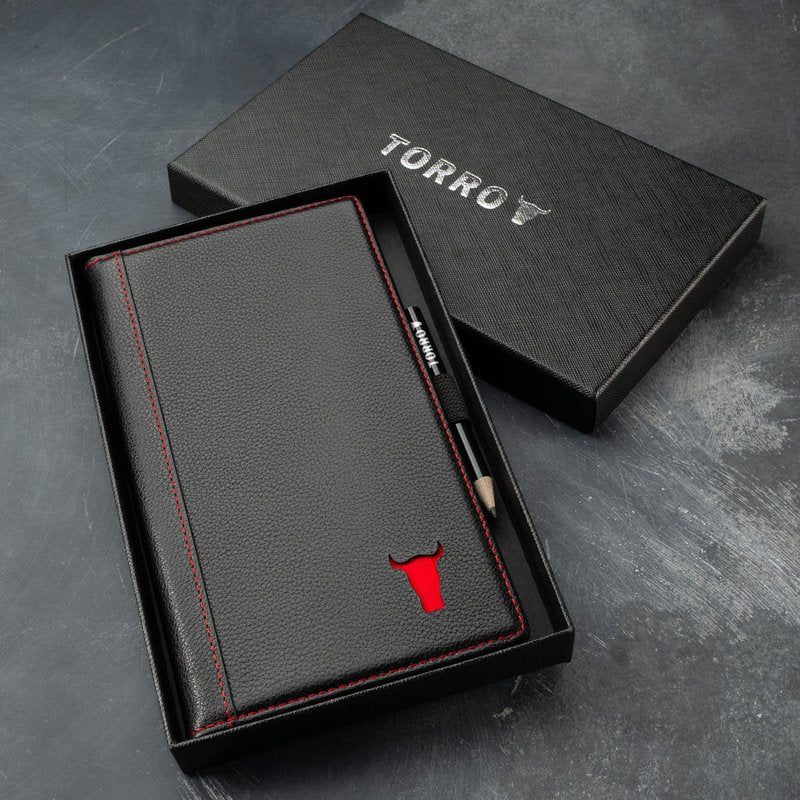 TORRO Large Golf Scorecard Holder – Genuine Leather Pro Golf Score Card Wallet with Card Slot and Pencil (Black with Red Detail)