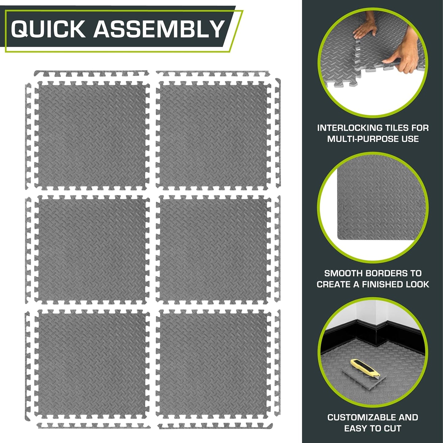ProsourceFit Puzzle Exercise Mat - EVA Interlocking Foam Tiles for Home Gym | Grey, 24" x 24" x ½" - 6 Tiles
