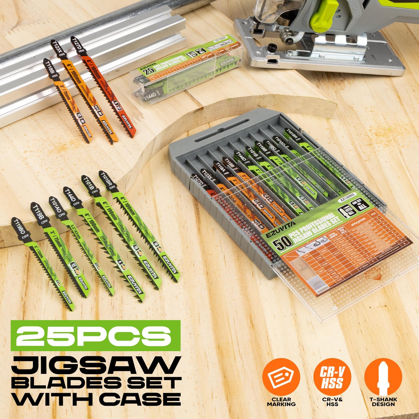 EZUVITA 25-Piece Jigsaw Blades Set with Storage Case–CR-V&HSS Steel, Assorted T-Shank Replacement Jig Saw Blades for Cutting Wood, Plastic and Metal